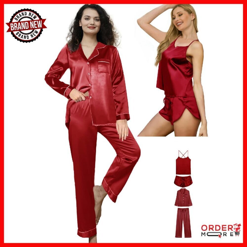 Silk Satin Pajama Set with Cami & Shorts - 4pc Sleepwear Loungewear
